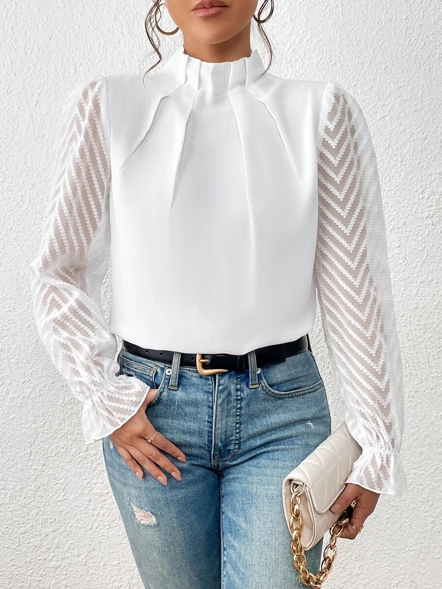 Women's chiffon blouse pleated neckline and bodice detail