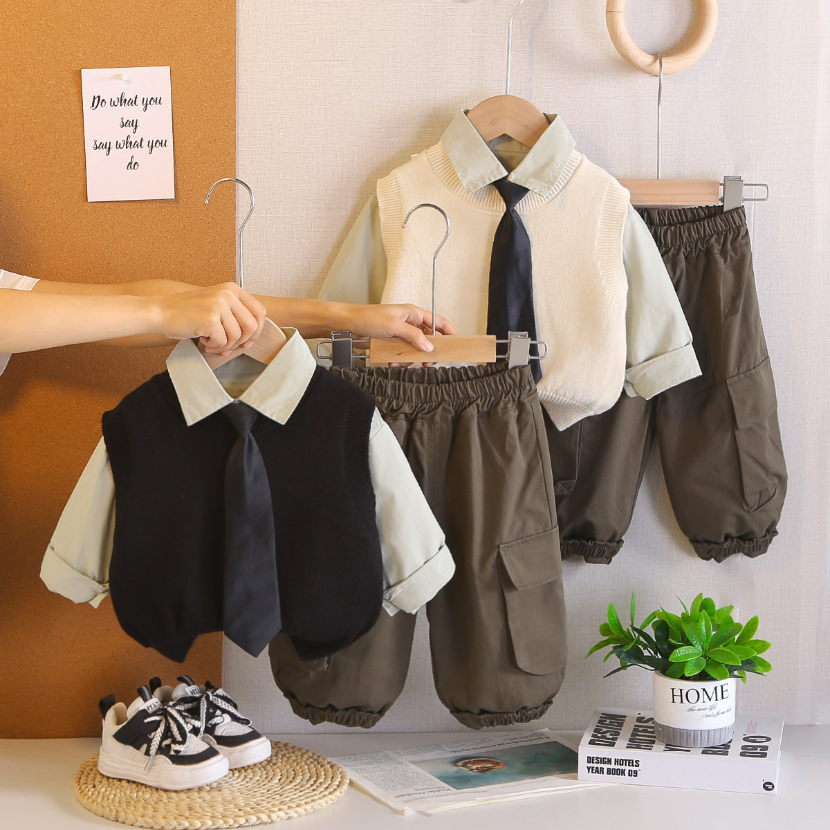 Sweater vest spring outfit long sleeved three piece set