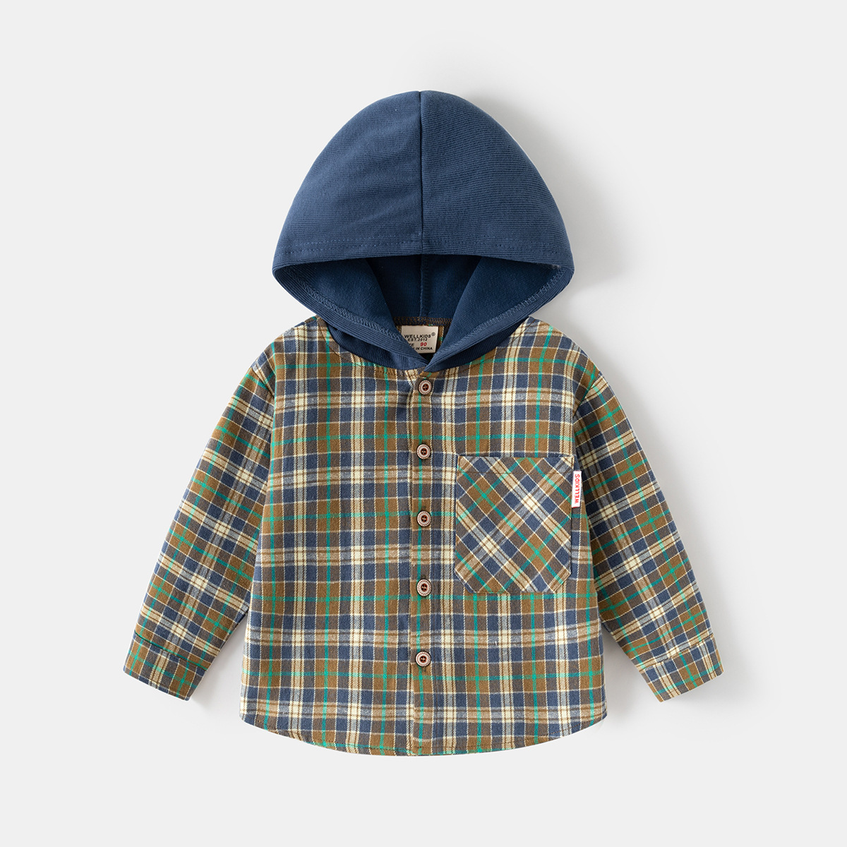 Casual Long Sleeve Shirt for Boys with Hooded Plaid Design Kids Top