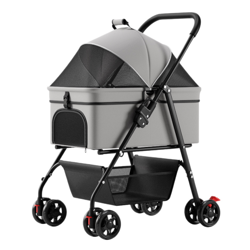 Pet Stroller Lightweight Foldable Detachable Dog Cat Travel Stroller One-Button Folding Carry Basket