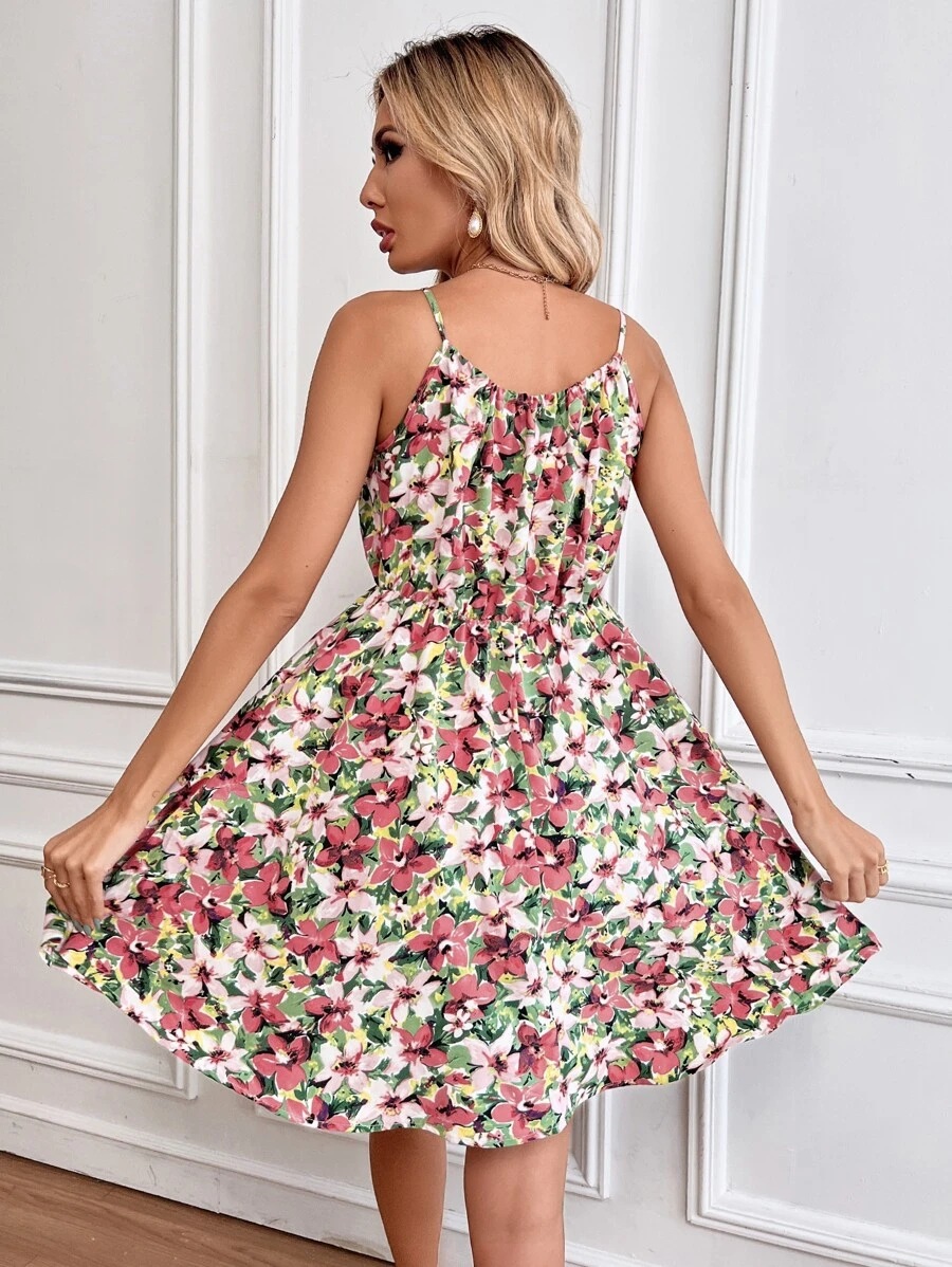 Women's printed summer dress lifestyle outdoor shot
