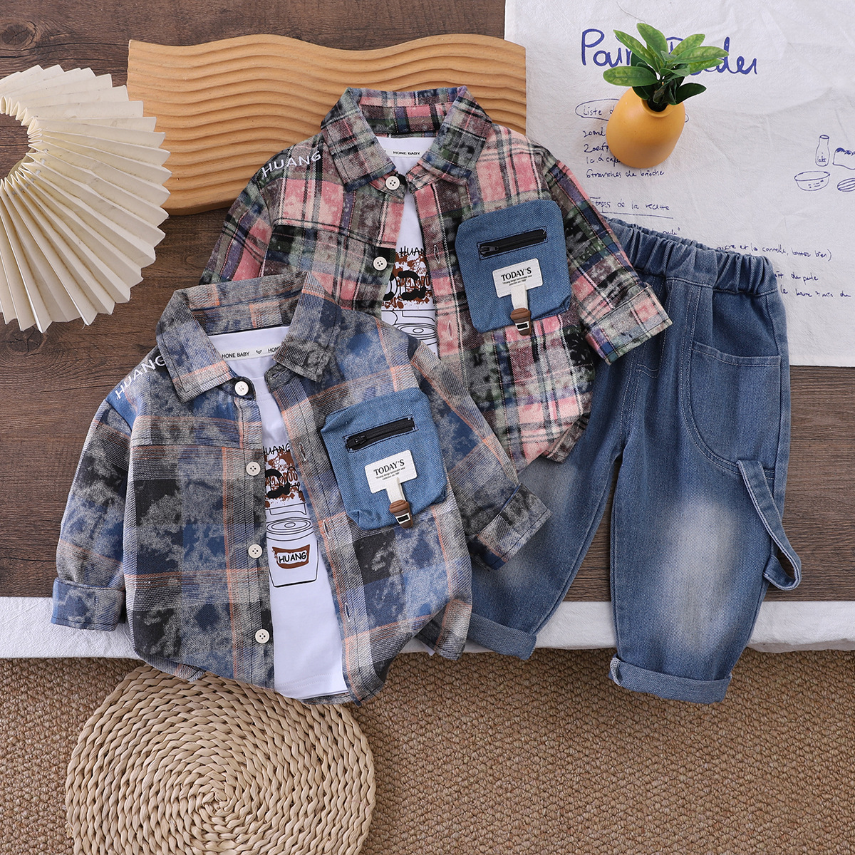 Men's Baby Checkered Shirt Long Sleeve 3-Piece Set