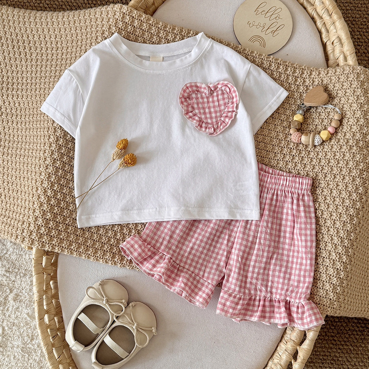 Set of plaid heart-shaped embroidery two-piece casual clothing