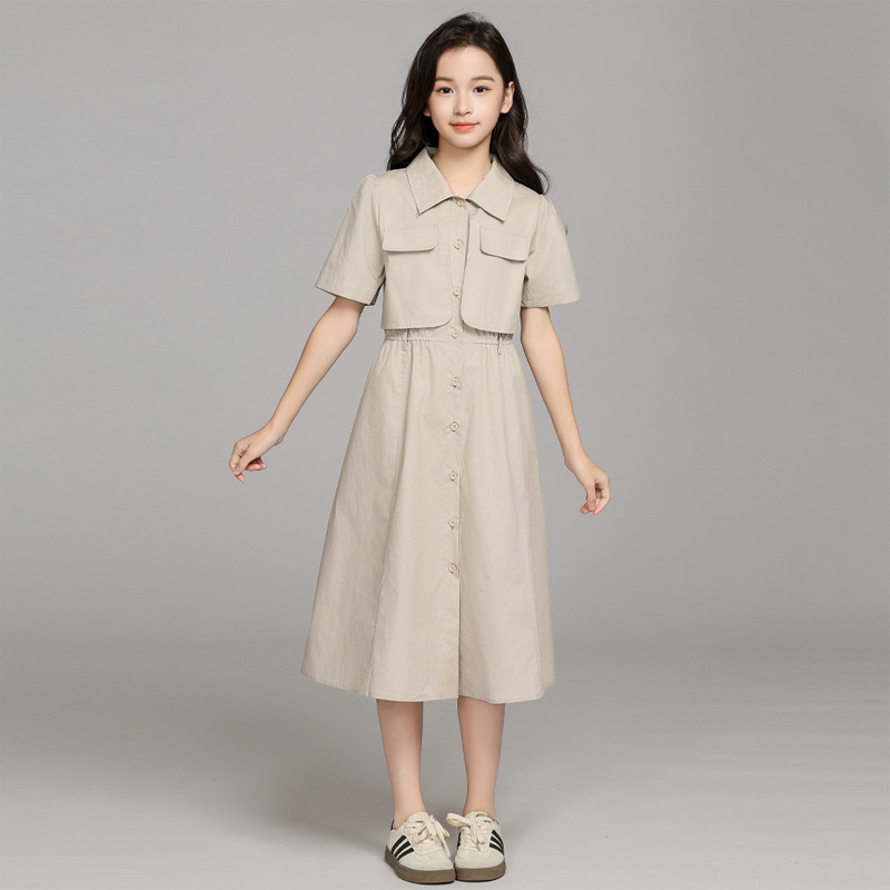 Turn-down Collar Faux Two-piece Dress, Mid-length Dress for Older Children