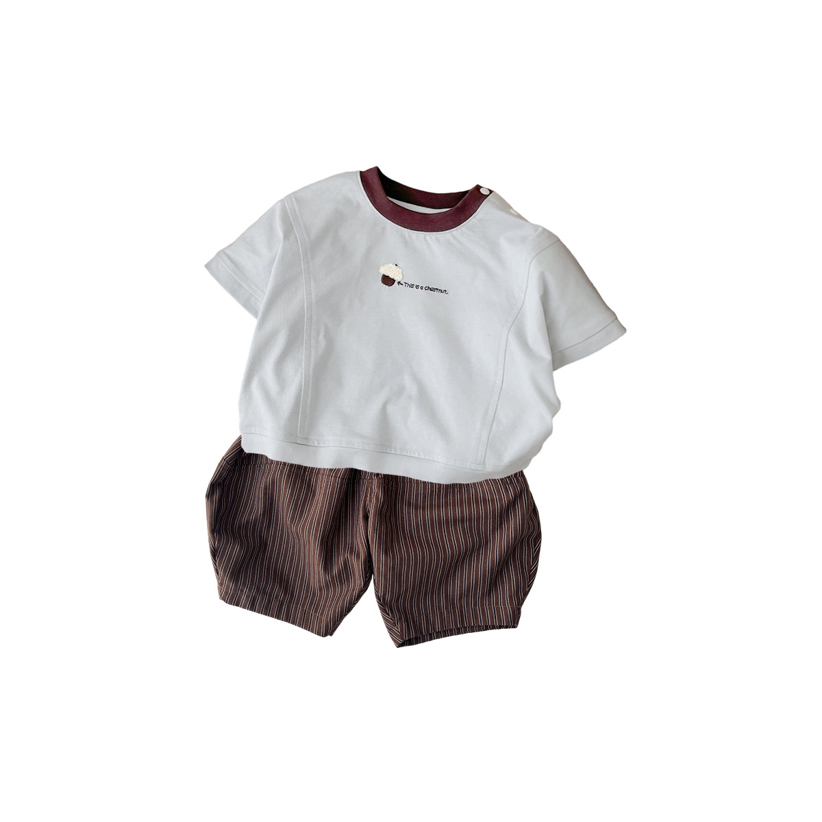 Breathable Two-Piece Set for Boys Short Sleeve Color-Blocked Top with Pom-Pom Lantern Shorts Kids
