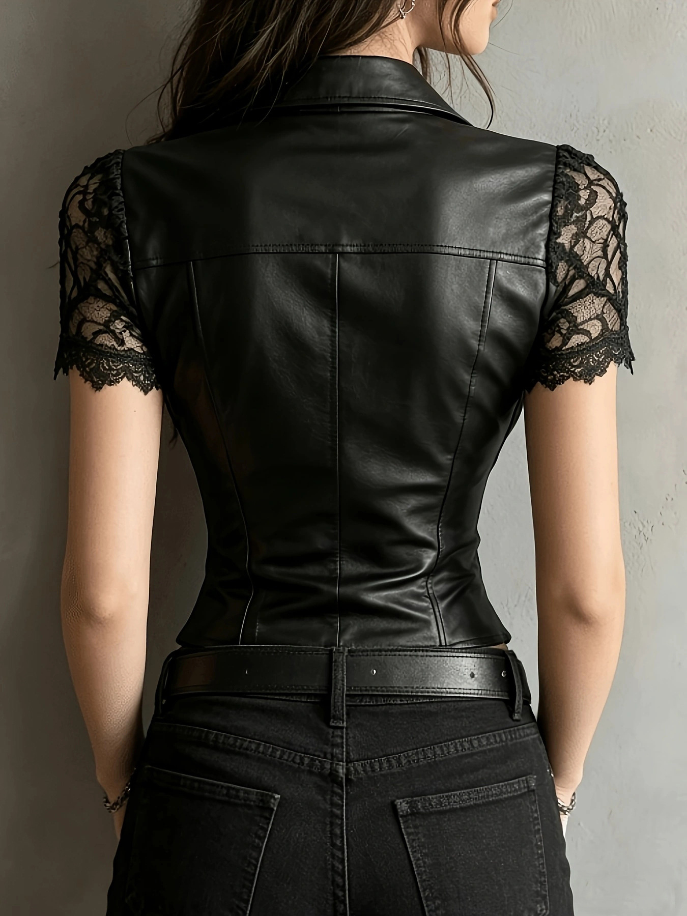 Black slim fit PU shirt – lace cuff gothic button top three-quarter sleeve