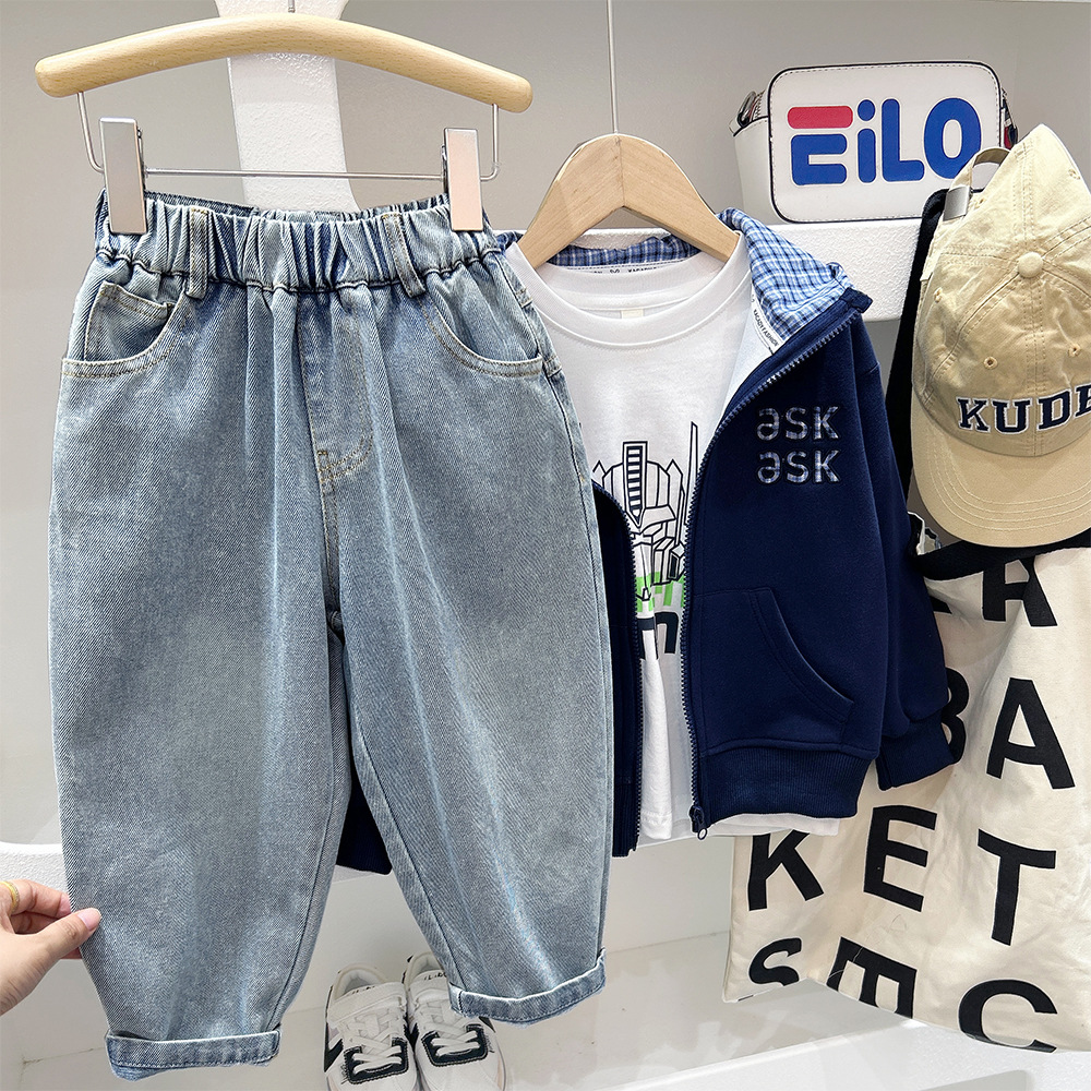 Casual Letter Print Boys' Denim Pants Loose Straight Leg Long Pants for Kids