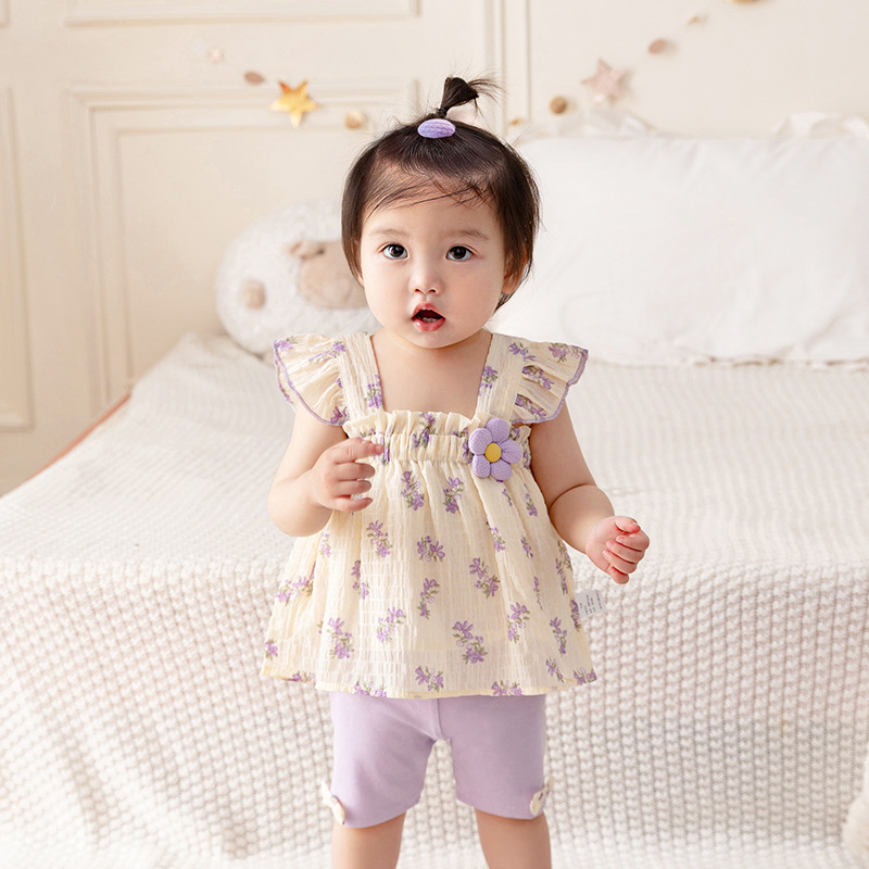 Cute Summer Outfit for Baby Girls, Princess Strap Top amp Five-Panel Shorts Two-Piece Set