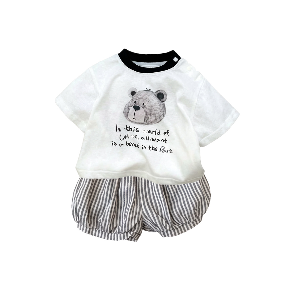 Cartoon Letter Short Sleeve T-Shirt with Stripe Shorts Set for Boys Summer Outfit