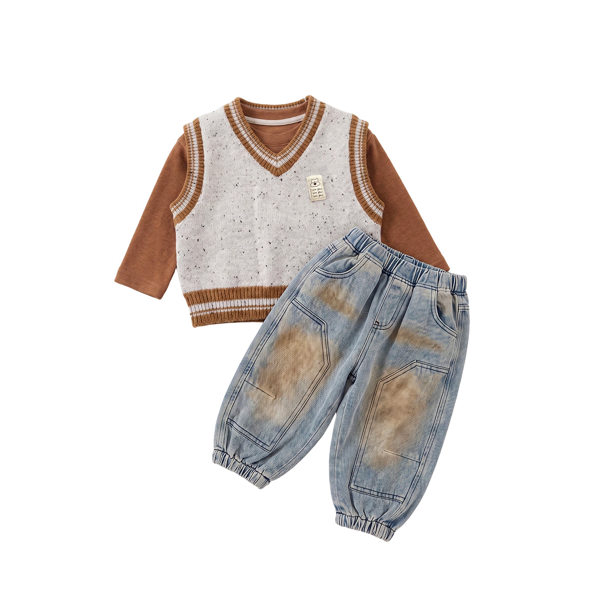 V-Neck Knit Vest, Bear Print Hoodie and Versatile Jeans Three-Piece Set