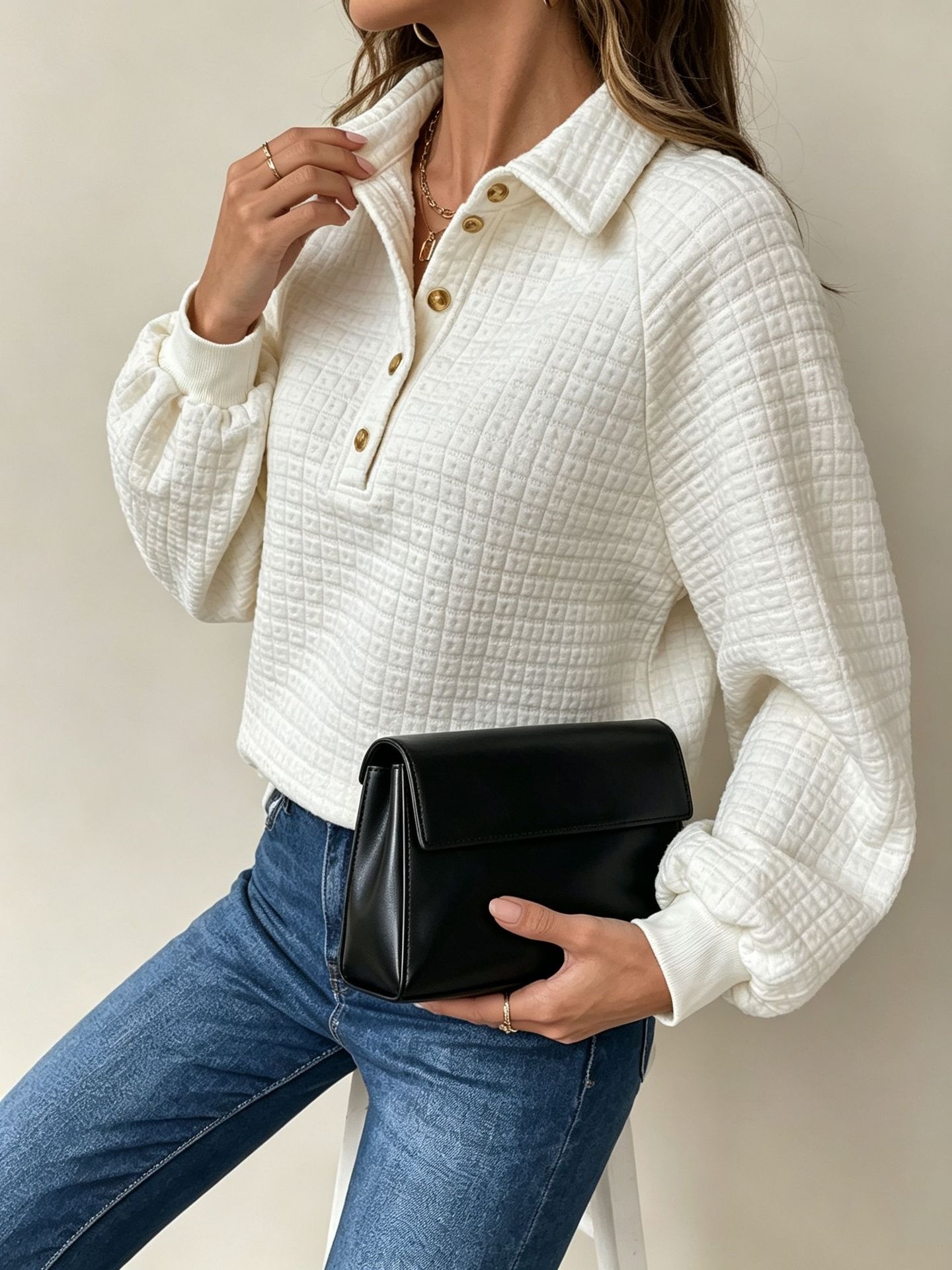Solid apricot collar pullover top – raglan sleeve loose fit long sleeve