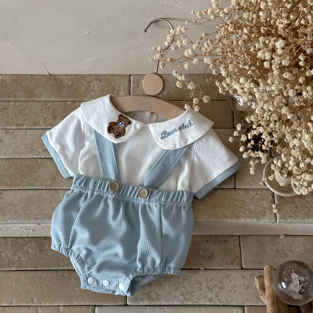 Cute teddy bear embroidered short sleeved climbing suit