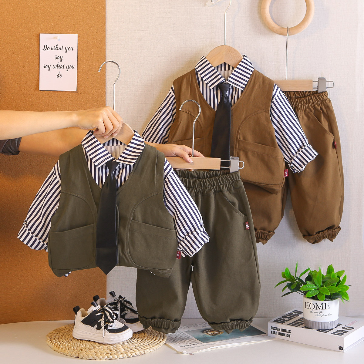 Three piece casual child laborer vest shirt set