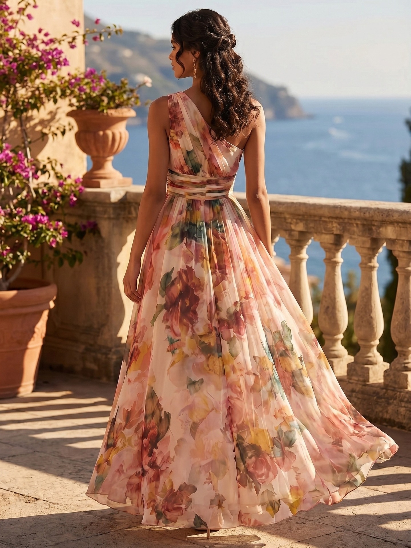 One shoulder beach maxi dress floral – waist cinched sleeveless long dress detail