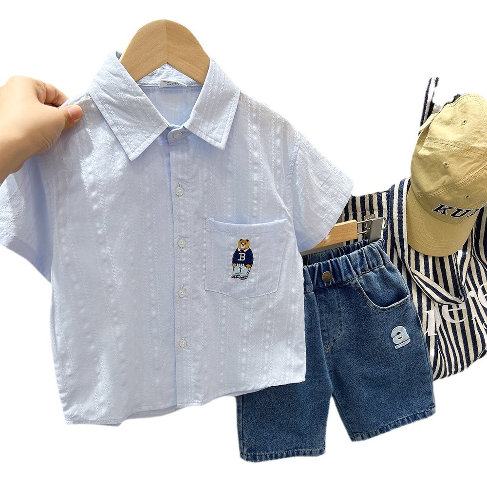 Short Sleeve Shirt New Style Kids Open Front Solid Color Casual Loose Cartoon Top