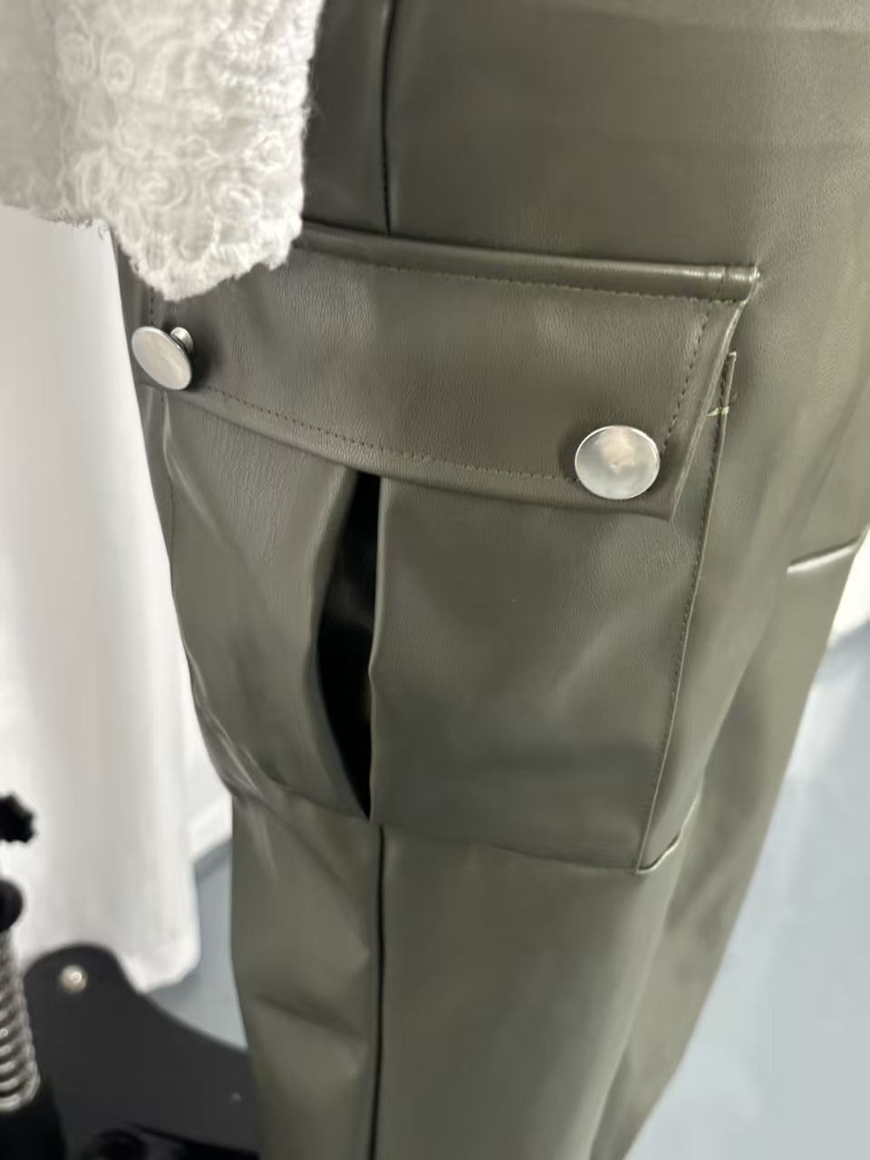 Women's army green PU pants – elastic waist streetwear full length trousers