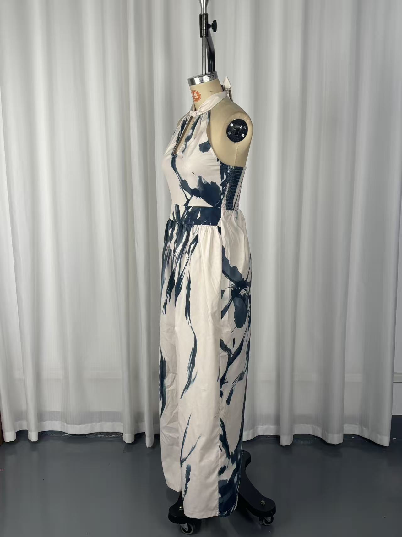 Ink printed wide leg jumpsuit apricot – halter neck pocket casual resort wear