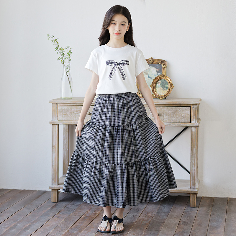 Short Sleeve White Color A-Line Two-Piece Set for Girls