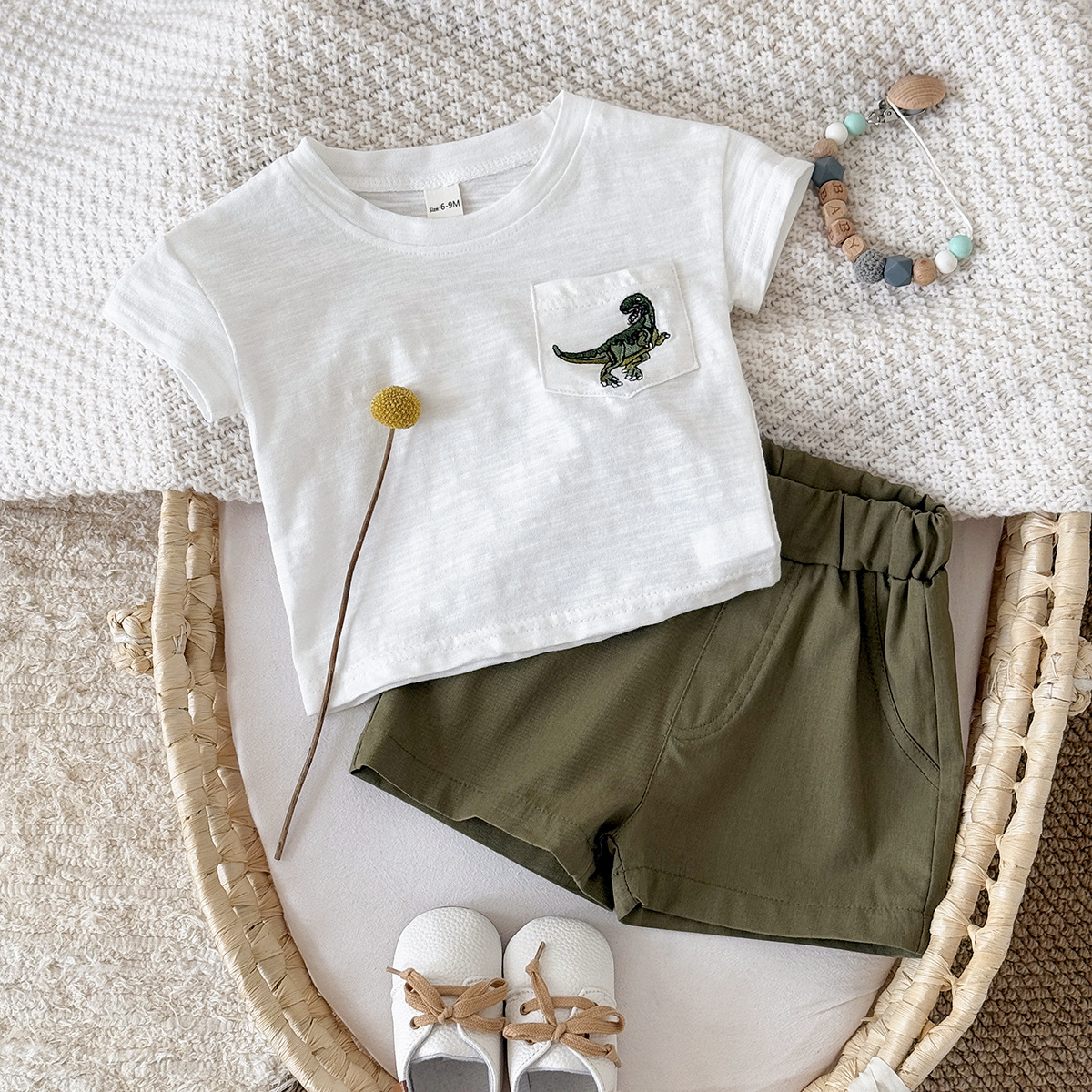 Short sleeved shorts set dinosaur embroidery summer round neck T-shirt two-piece set