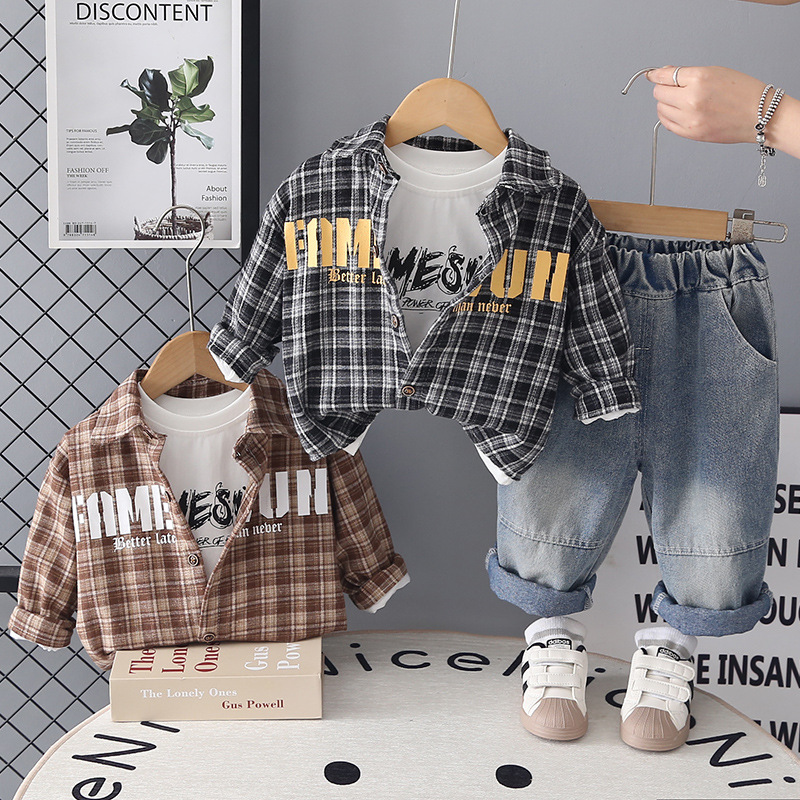 Spring and Autumn checkered shirt long sleeved three piece set