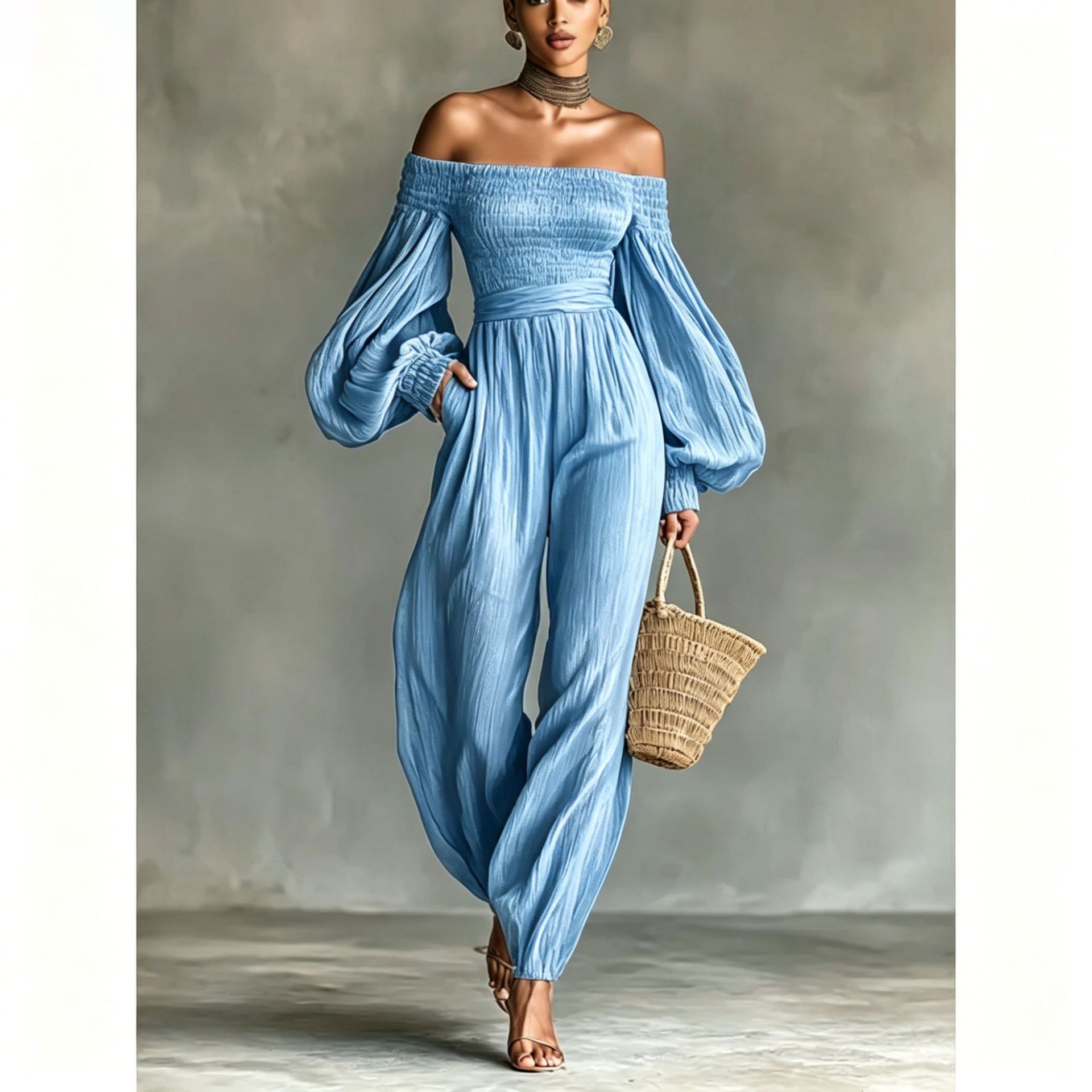 Women's lantern sleeve pleated jumpsuit — full length view