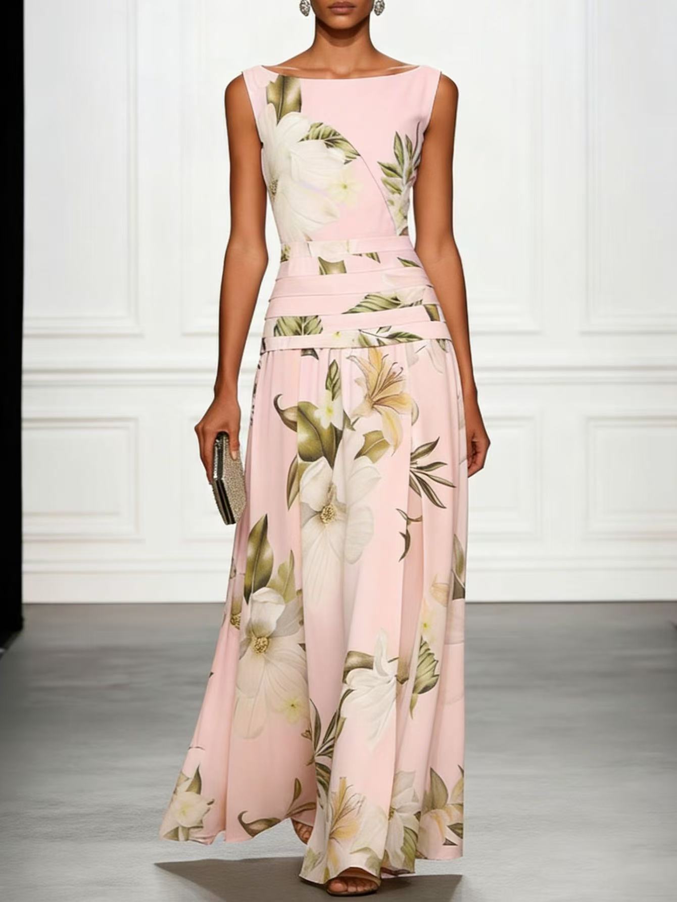 Women's Floral Print Sleeveless Backless Maxi Dress - close-up of botanical floral print