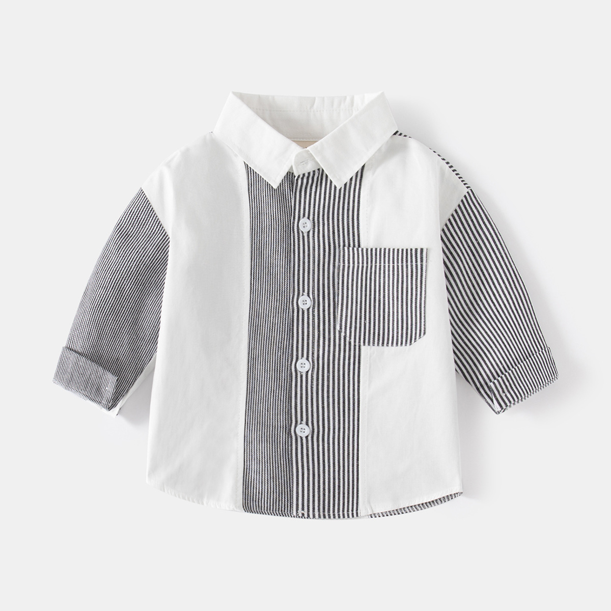 Children's Color-Blocked Casual Shirt, Turn-Down Collar Stylish Long Sleeve Shirt