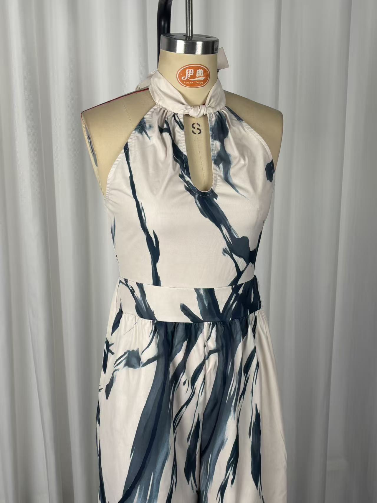 Women's ink print jumpsuit apricot – halter neck wide leg pocket vacation