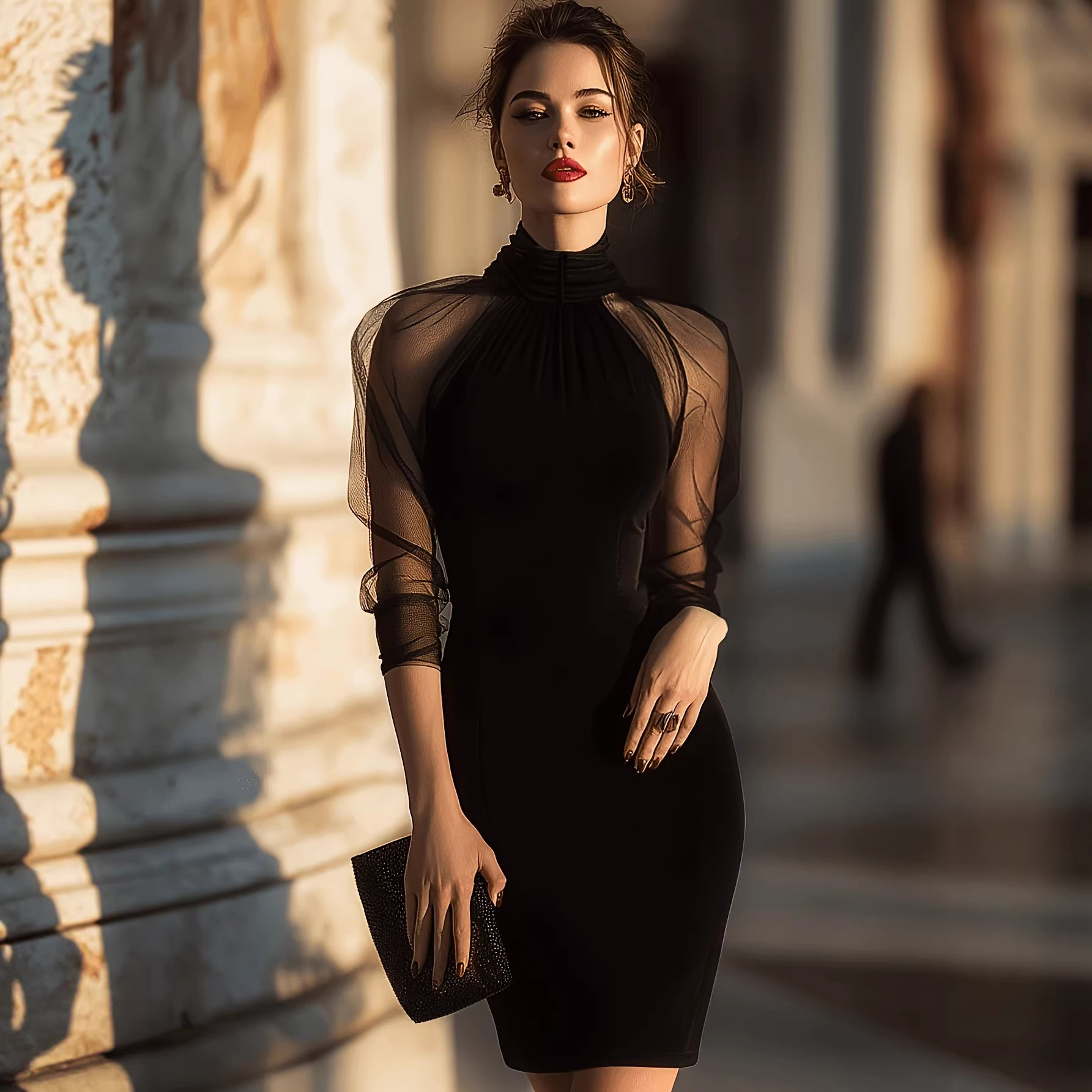Women's black formal sheath dress – high neck long sleeve mesh overlay midi