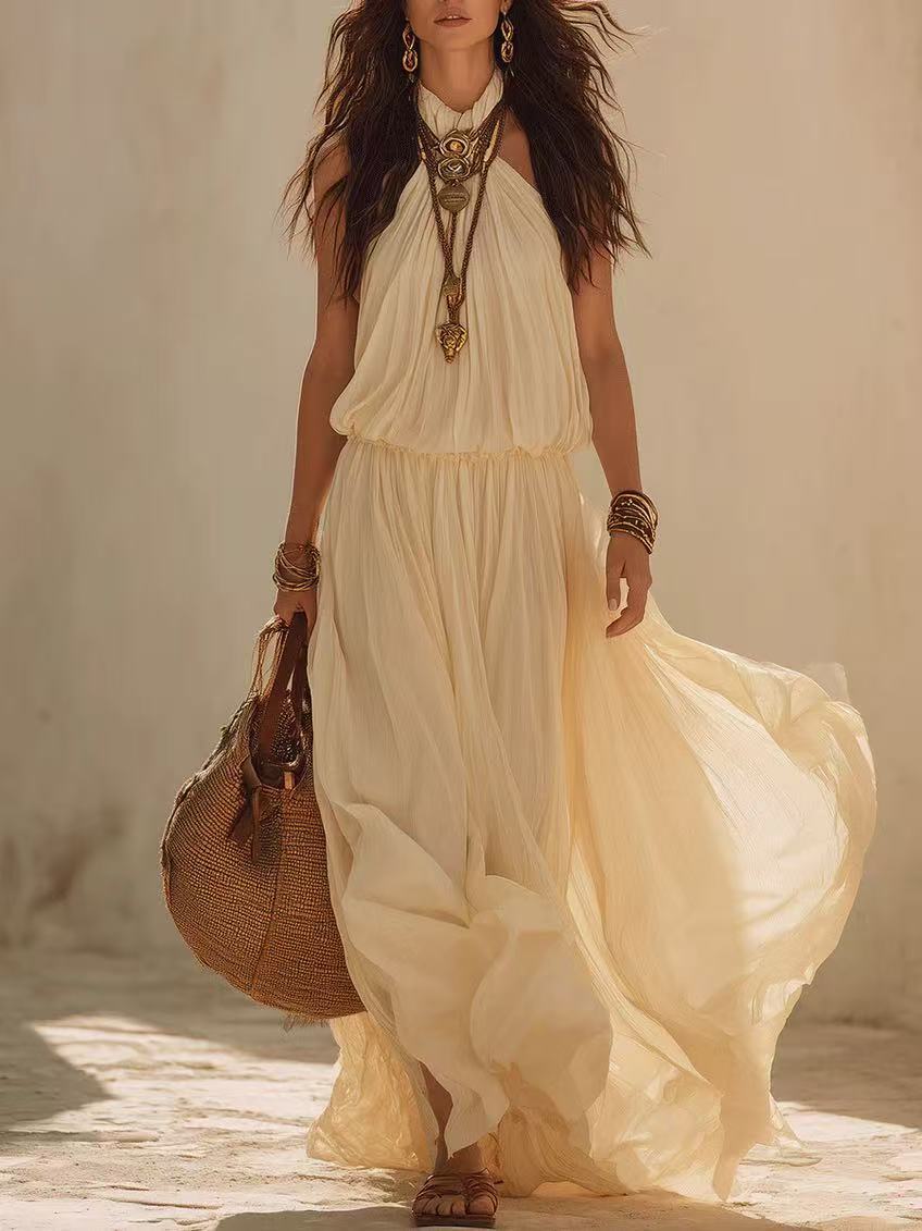 Halter neck maxi dress beige – boho fairy style sleeveless long dress detail