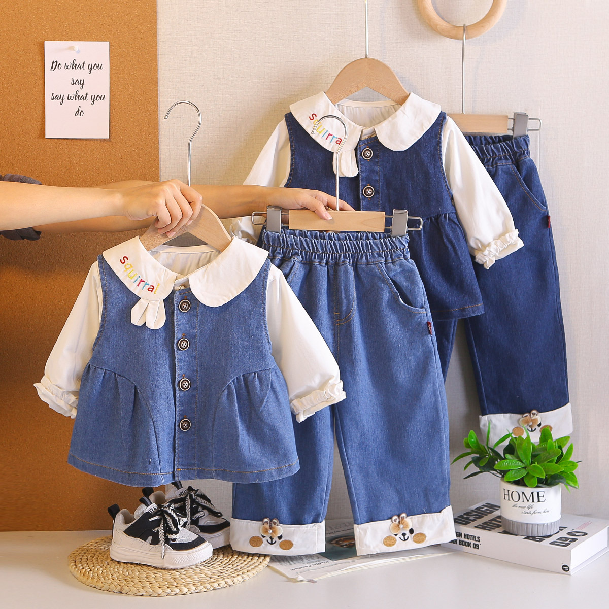 Baby girl spring and autumn denim vest three piece set