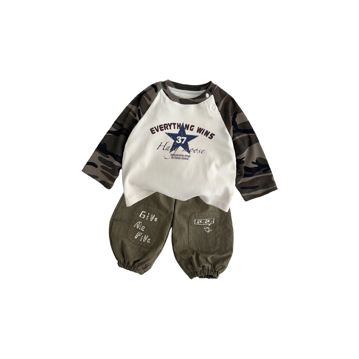 One Obvious Feature Silhouette Casual Camouflage Short Sleeve Workwear Pants Set for Boys Autumn