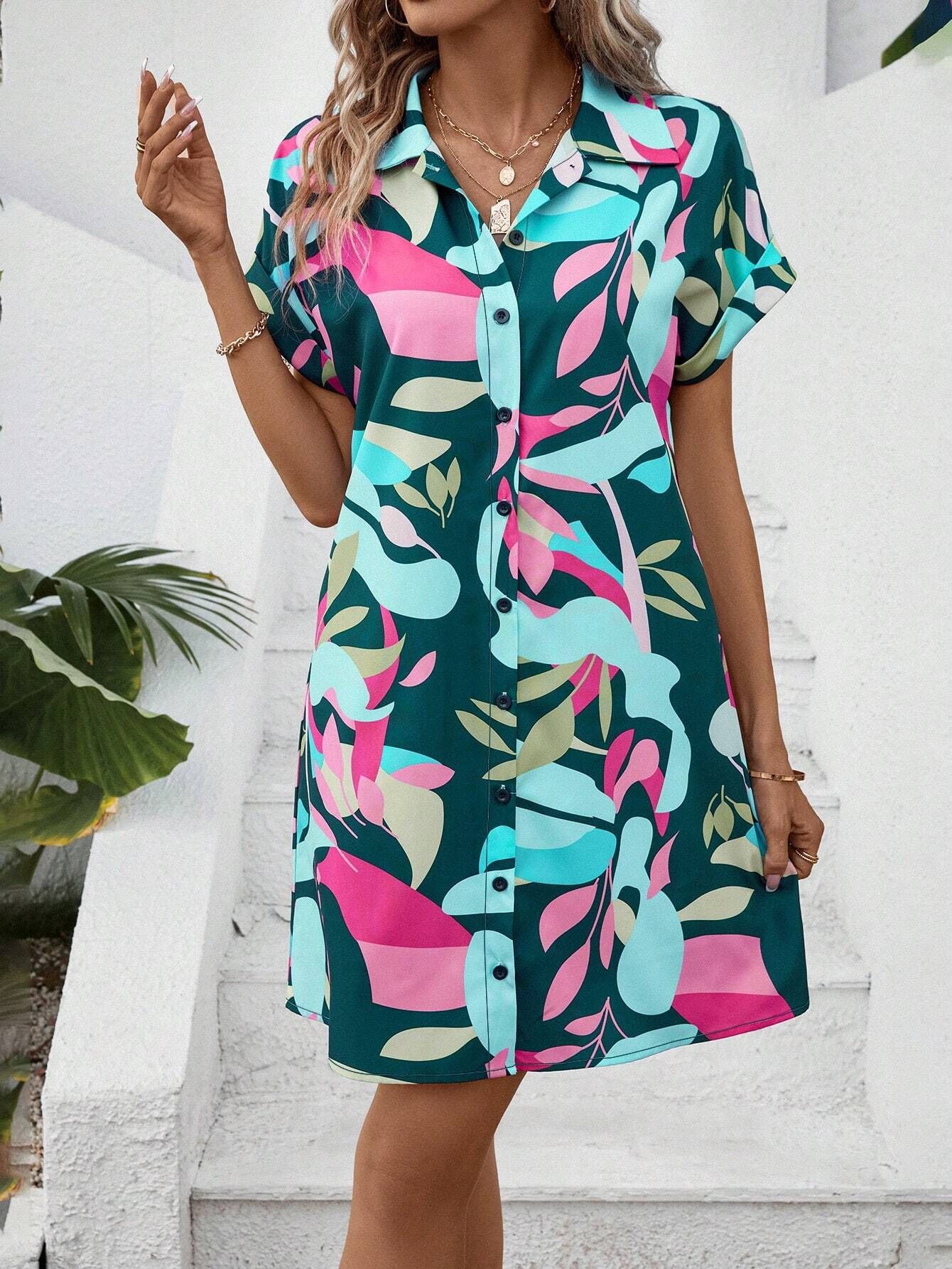 Women's colorful print shirt dress styled as beach cover-up
