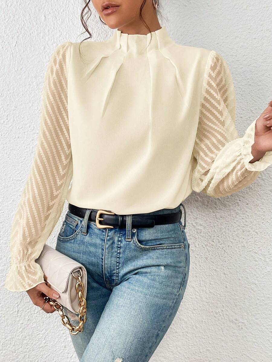Women's mock neck blouse pleated front bodice detail