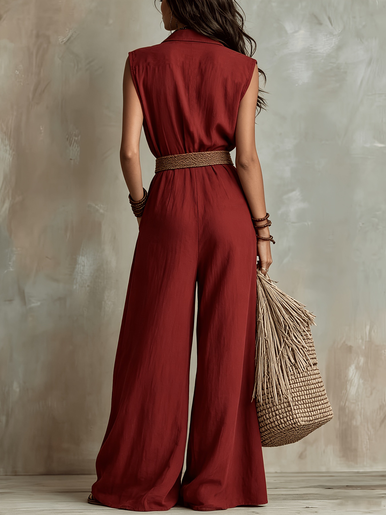 Red solid color sleeveless jumpsuit – loose fit maxi long casual vacation dress