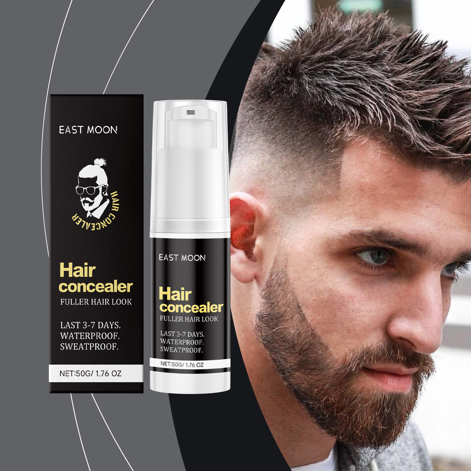 Man with styled hair beside East Moon concealer packaging
