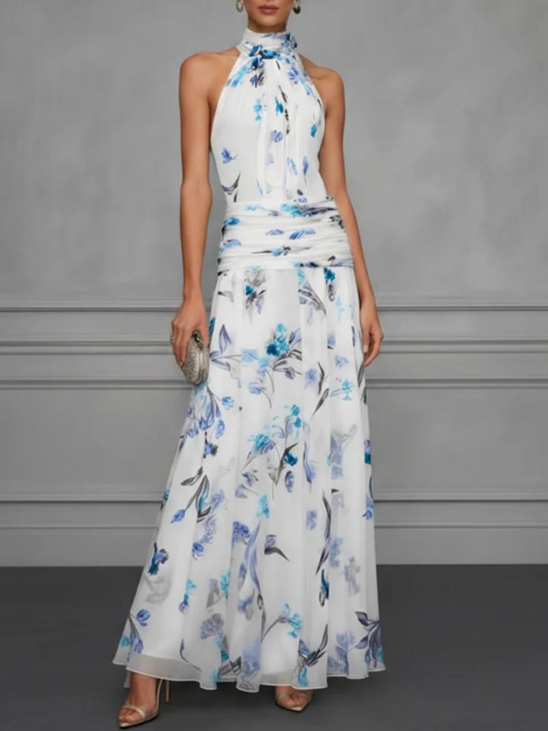 White purple printed maxi dress – halter neck fitted sleeveless long resort dress