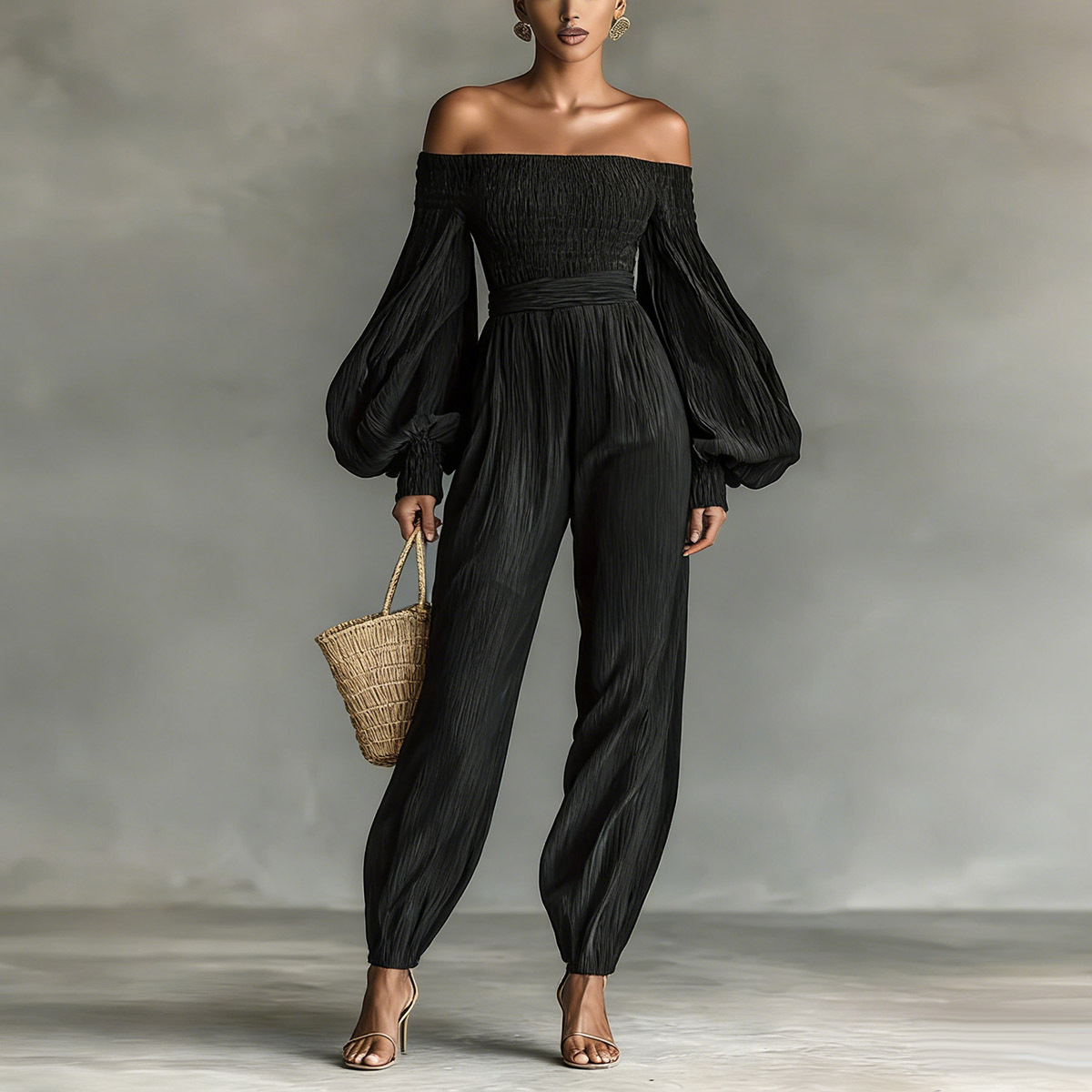 Women's off-shoulder lantern sleeve jumpsuit — Red color styled look