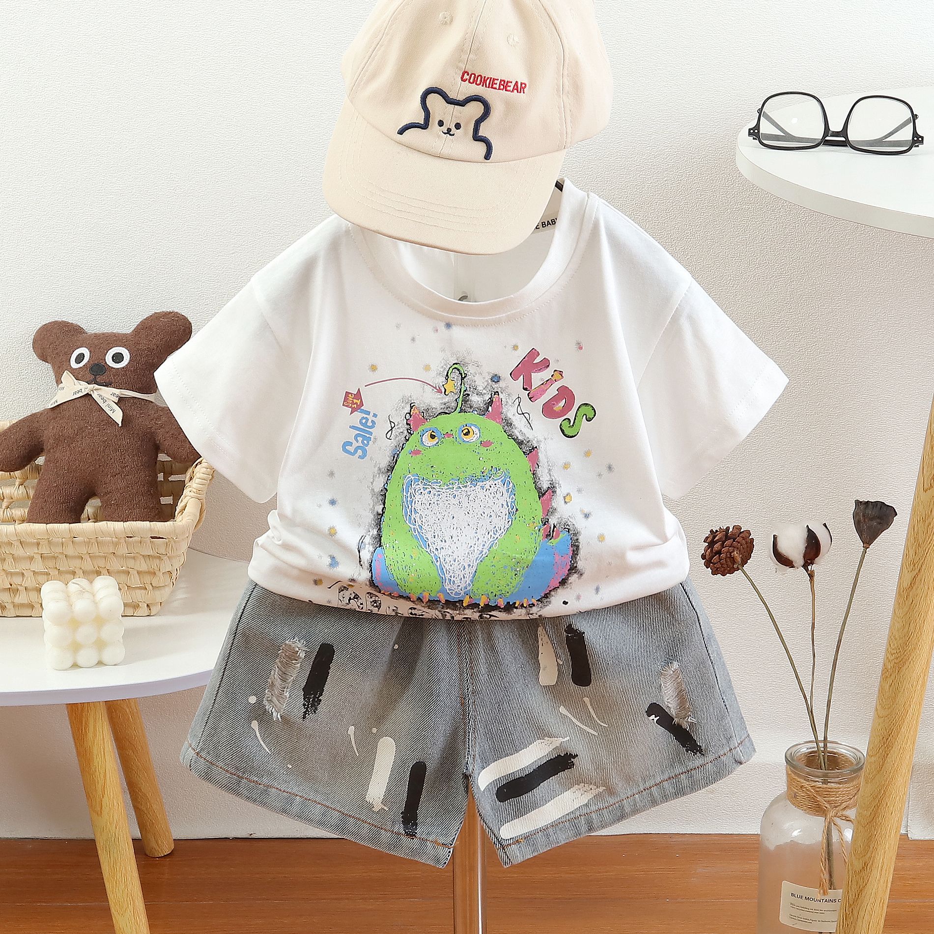 Children's cartoon round neck short sleeved two-piece set