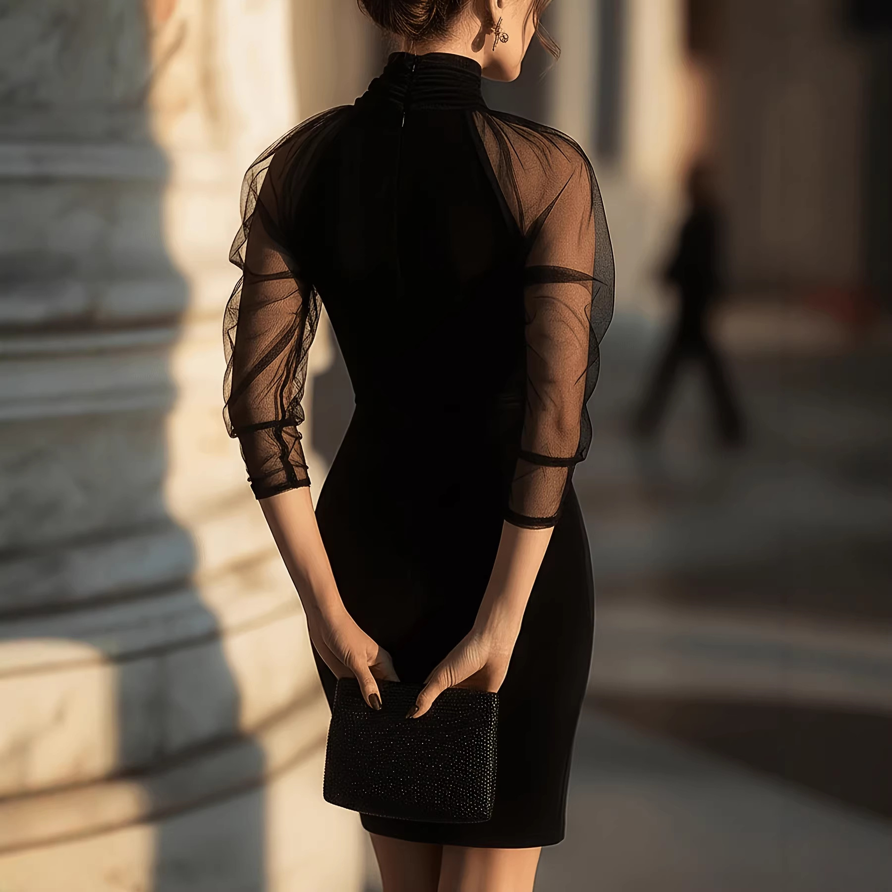 Black high neck midi dress – long sleeve sheath mesh overlay formal evening
