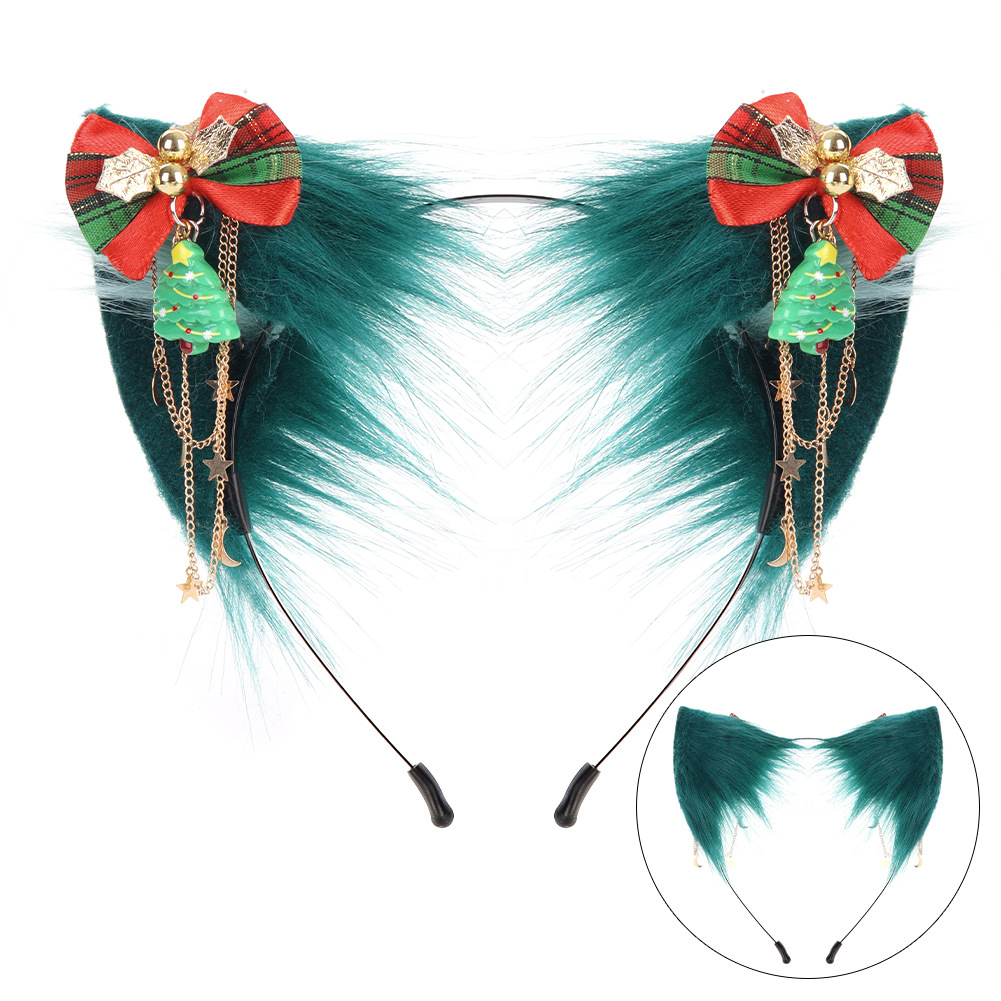 Christmas Animal Ears Headband Handmade Cat Ears Faux Fur Green Realistic Cat Lolita Headband