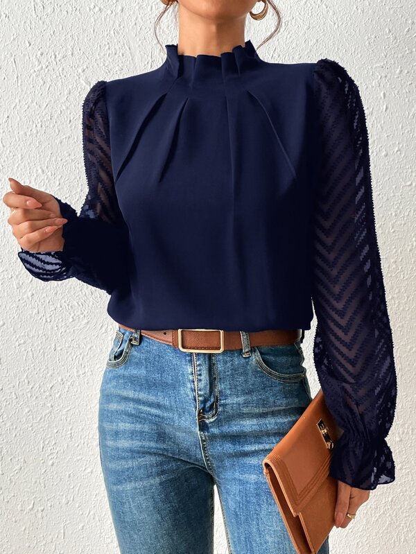 Women's mock neck blouse ruffle cuff and sleeve detail