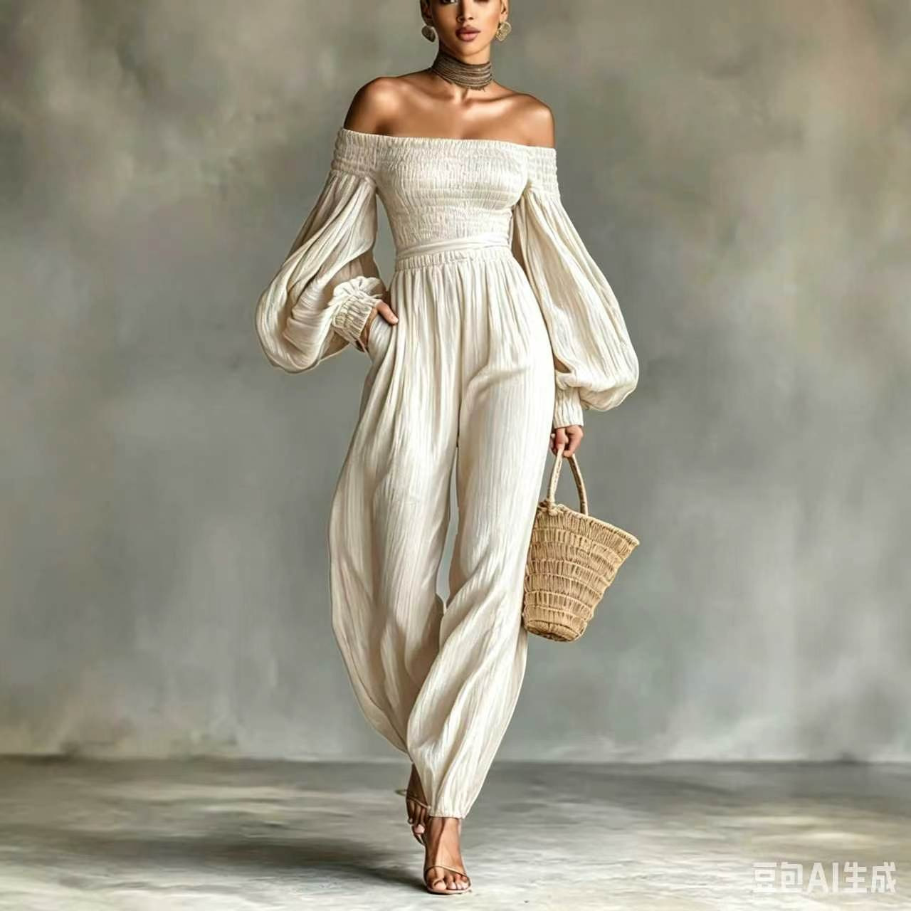 Women's off-shoulder puff sleeve jumpsuit — fabric and fit detail