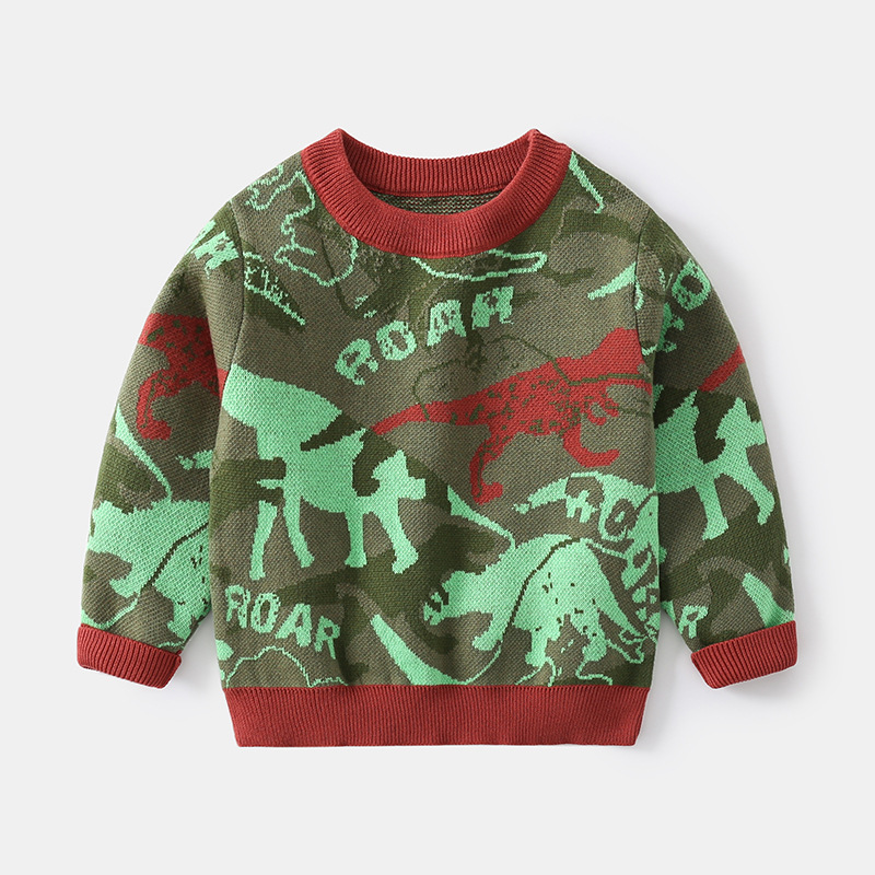 Thick Warm Long Sleeve Printed Crewneck Sweater for Boys with Dinosaur Pattern Outerwear