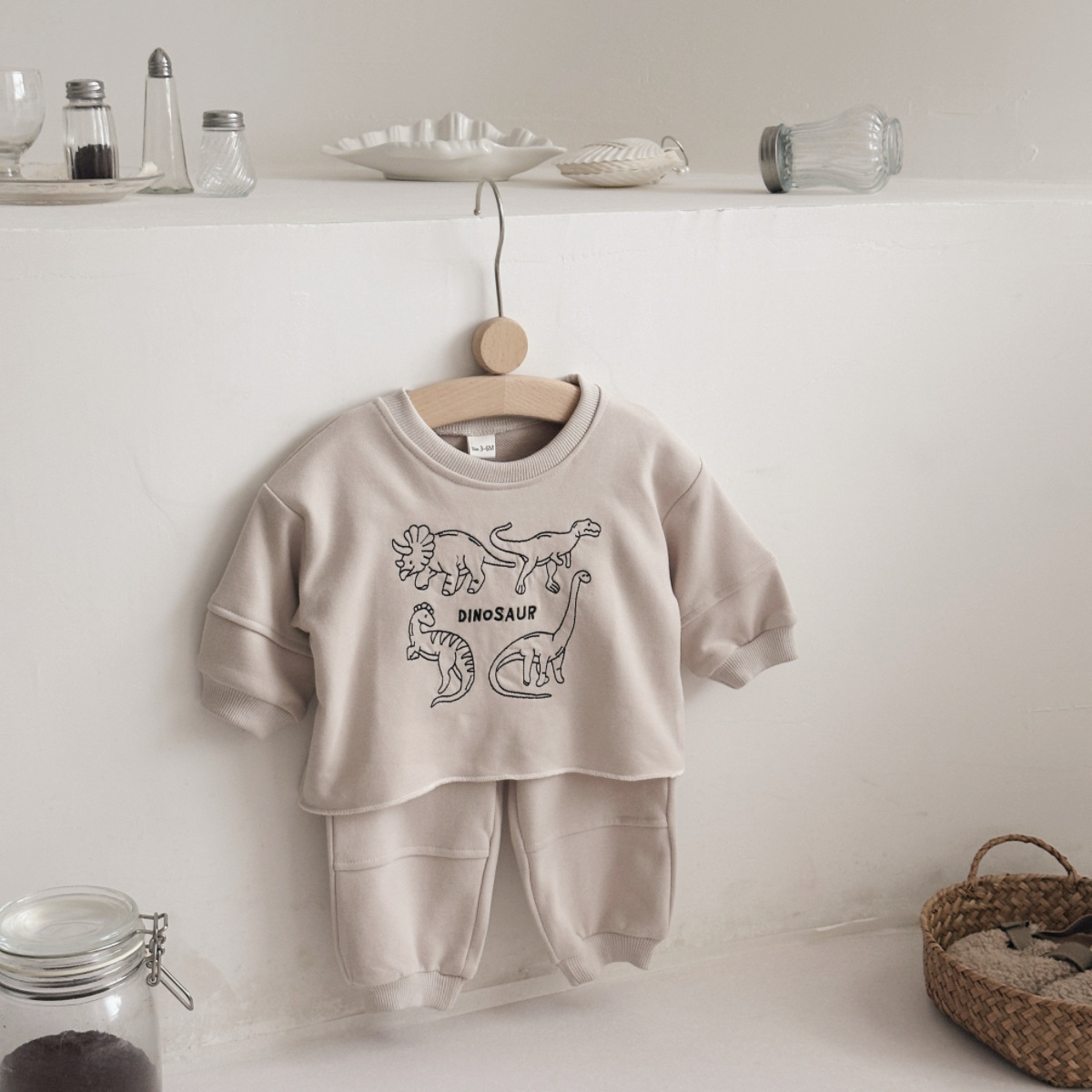 Dinosaur Embroidered Round Neck Hoodie+Solid Color Legged Pants