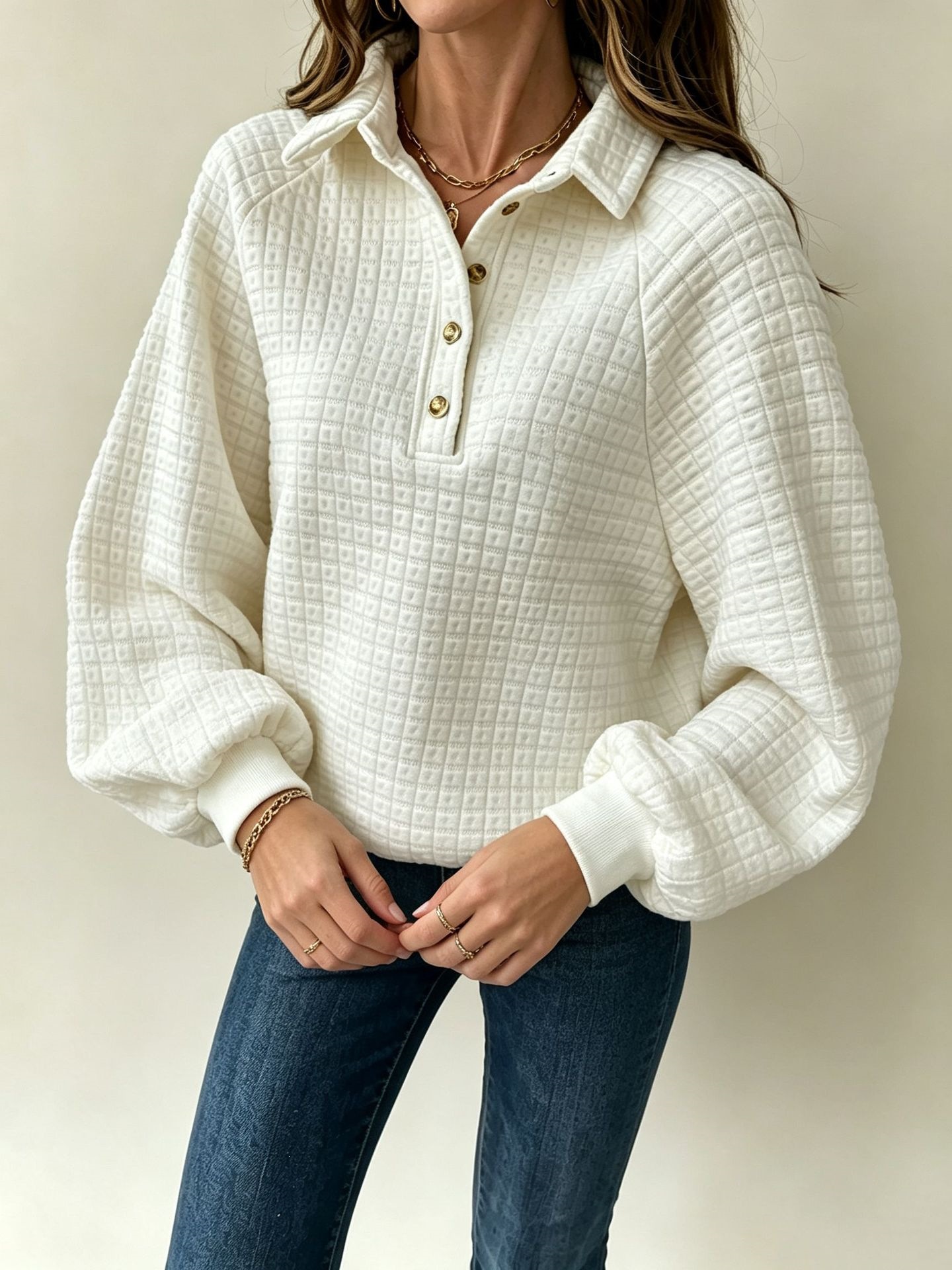 Apricot collar long sleeve top – raglan sleeve loose fit pullover workwear
