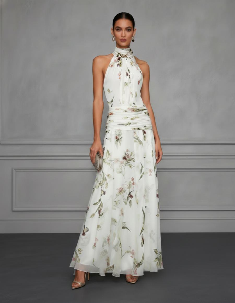 Light purple sleeveless maxi dress – halter neck printed fitted long dress