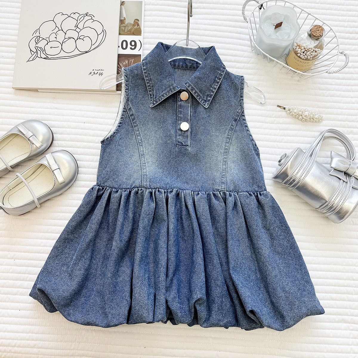 Summer Girl's Denim Dress Sleeveless Tank Dress Vintage Denim Bubble