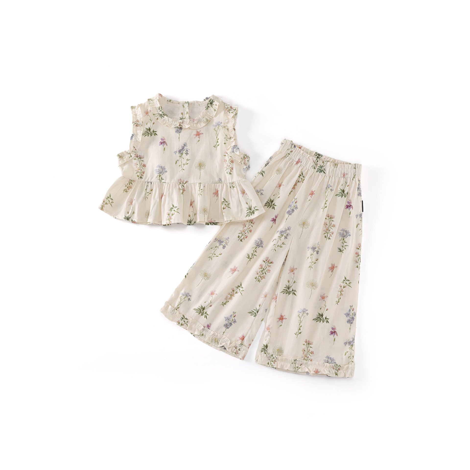 Cute Floral Print Set Loose Waist Long Pants Edge Cotton Sleeveless Top