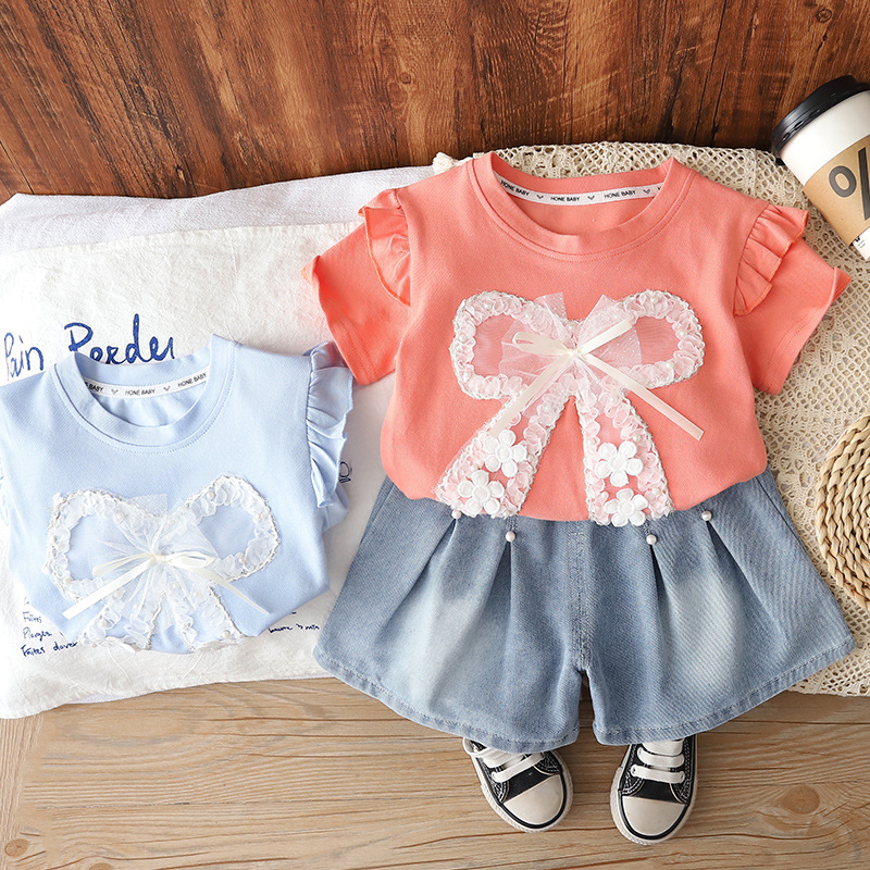 Baby summer big bow short sleeved clothes two-piece set